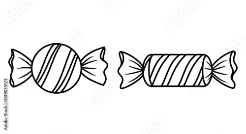 Two wrapped candies, one round and one rectangular, with striped patterns on the wrappers.