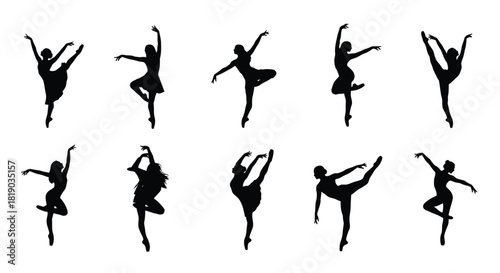 Ballerina silhouettes in various elegant dance poses isolated on