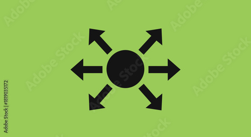 A black circular symbol with six arrows pointing outwards on a light green background.