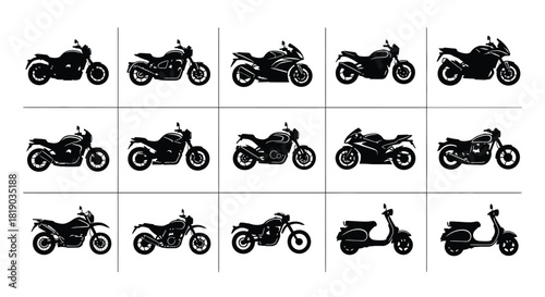 Collection of various motorcycle and scooter silhouettes isolated on