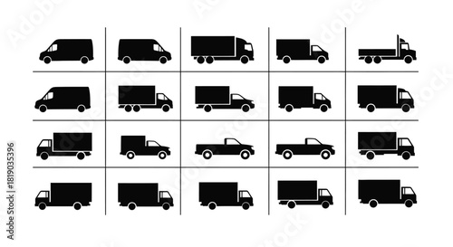 Set of various delivery and cargo truck silhouettes isolated on