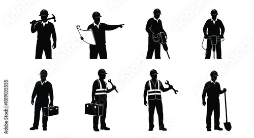 Construction worker silhouettes with various tools isolated on