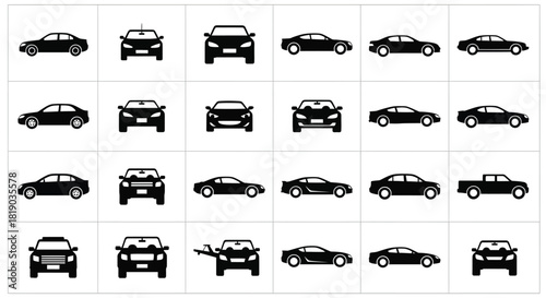 Black car icon collection, diverse models, isolated on