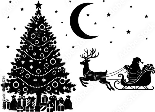 Detailed Black Silhouette Christmas Scene Illustration