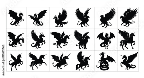 Silhouettes of fantasy mythical creatures isolated on