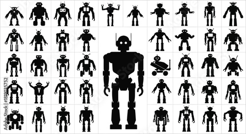 Collection of various robot silhouettes isolated on