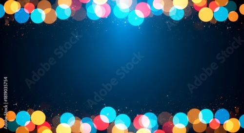 Festive bokeh lights frame a dark blue background with glowing particles, ideal for holiday and celebration themes