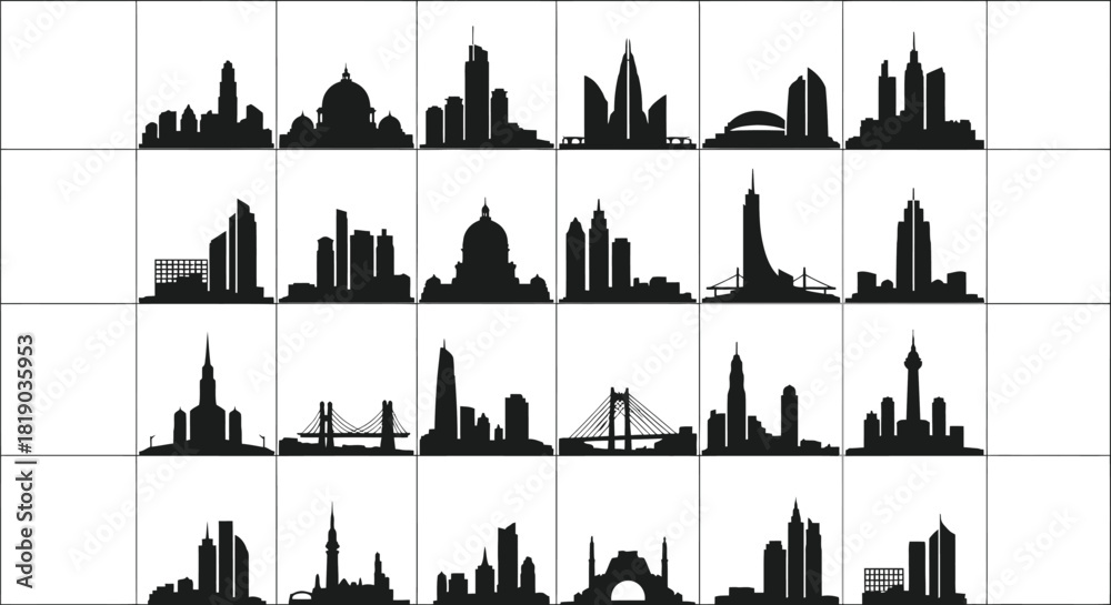 Obraz premium Abstract city skyline and landmark silhouettes isolated on
