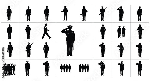 Police officer silhouettes in various poses and groups, isolated on