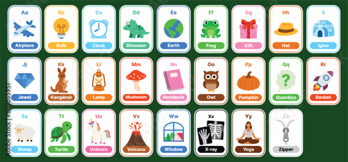 Colorful alphabet flashcards from A to Z with cute illustrations. Perfect for phonics, preschool, kindergarten, school lessons, ESL education, worksheets, posters, and learning apps.	
