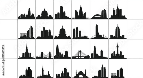 Abstract city skyline and landmark silhouettes isolated on