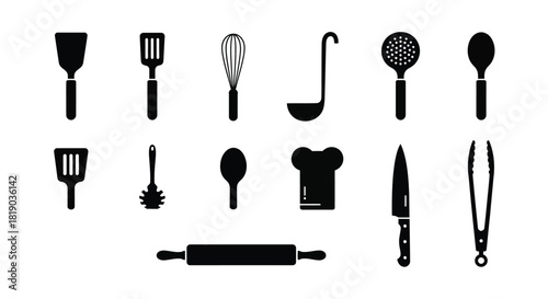 Black silhouette kitchen utensils and chefs hat isolated on
