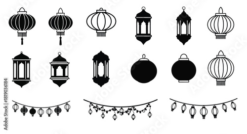 Decorative lanterns and string lights set isolated on