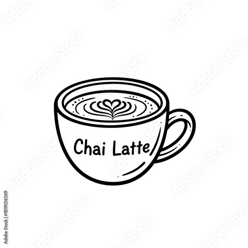 Chai latte in decorative mug with heart-shaped foam design  