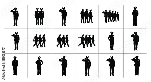 Saluting military and police officer silhouettes, isolated on white