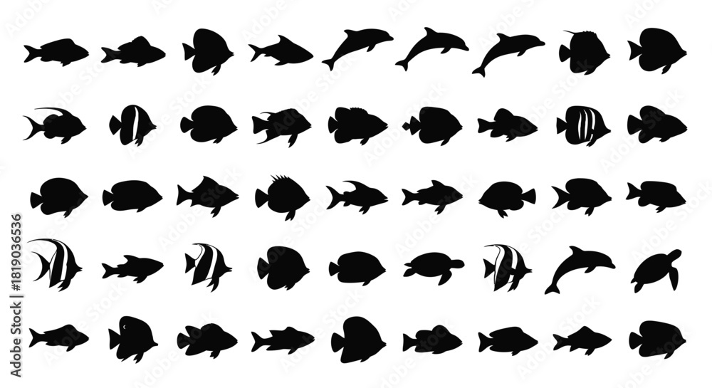 Naklejka premium Collection of diverse fish and marine animal silhouettes isolated on
