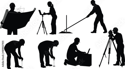 Surveying and construction icon set—seven silhouettes with blueprint, tripod, measuring tools, and fieldwork poses 