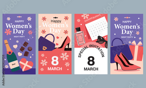 Women's Day celebration poster set with fashion accessories, gifts, cosmetics and festive elements for 8 March event