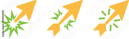 Collection of orange arrow graphics representing growth, progress, and impact. Features include burst effects and motion indicators, suitable for concepts in business, finance, and marketing.
