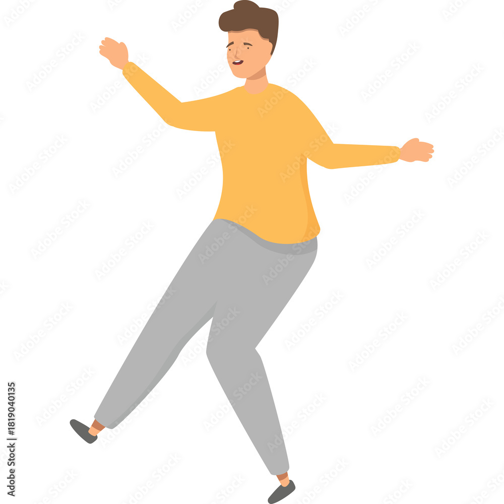 Fototapeta premium Joyful Young Man In Orange Sweater And Grey Pants Dancing Energetically With Arms Outstretched Against A White Background