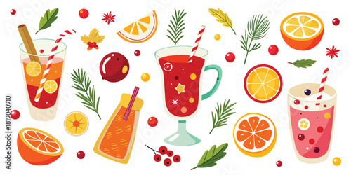 Cocktails drinks oranges berries leaves straws cinnamon christmas winter party