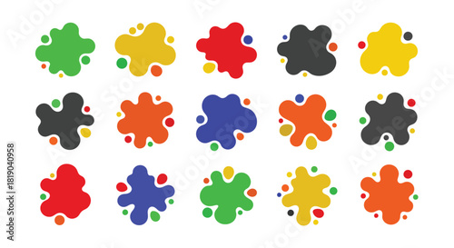 A collection of various paint splatters, ink drops, and blobs in multiple colors including green, yellow, red, black, orange, and blue. These irregular shapes are useful design elements.