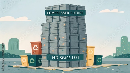 Stack of Compacted Trash Blocks Depicting Compressed Future Concept