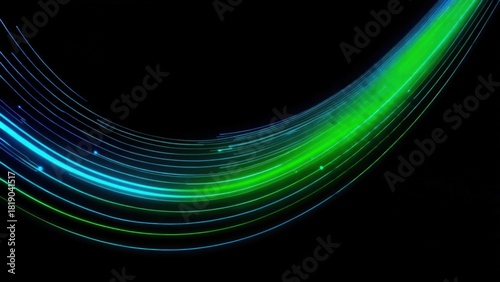Abstract neon lines in teal and green hues curve across a black background, suggesting movement