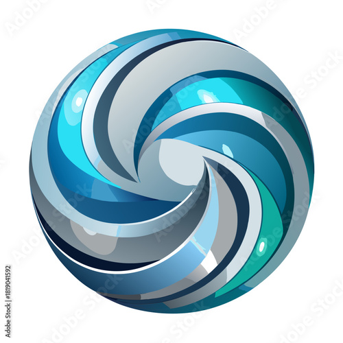 Abstract swirling sphere with blue and gray bands creating a dynamic and modern visual effect design