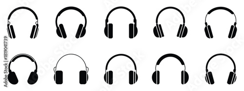 Headphones icon collection showing music headphones, black headphone symbols, and headphone designs with microphones, suitable for vector graphics, audio app design, and music-related artwork.