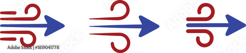 An icon depicting wind or airflow represented by an arrow and swirling lines, symbolizing movement and direction.