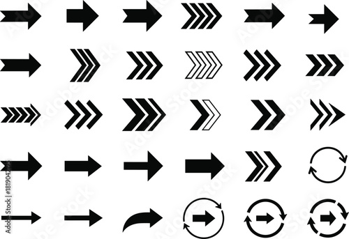 Collection of arrow icons, direction symbols, forward movement graphics, navigation pointers, bold arrow designs, interface elements, black arrow set, direction indicators, vector arrows illustration