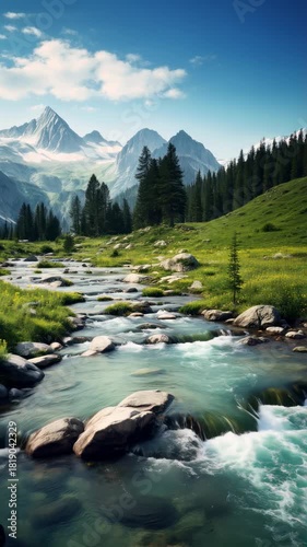 A breathtaking video concept of a serene mountain landscape, captured from a low angle, showcasing a flowing stream and lush greenery. Live mobile wallpaper.
