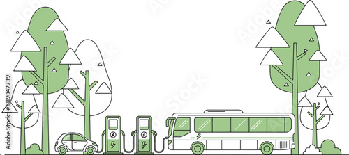 Eco friendly electric car and electric bus charging at green energy station in forest environment, sustainable transportation illustration with clean renewable power concept design