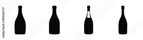 Four dark champagne bottle silhouettes isolated on white for celebration and event designs
