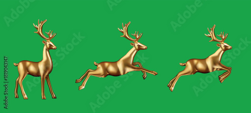 Golden Deer Sequence: Capturing the grace of three golden deer in motion, set against a vibrant green backdrop, the image celebrates agility and elegance.