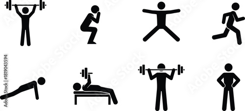 Fitness exercise icons, workout silhouette set, strength training symbols, gym activity illustrations, bodyweight movement graphics, running and weightlifting pictograms, health and fitness 