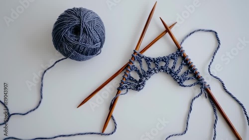 Knitting Project in Progress - Blue Yarn and Wooden Needles on White Background.