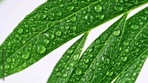 Lush Green Leaves Adorned with Fresh Raindrops on a Pristine White Background, Natures Refreshing Beauty.