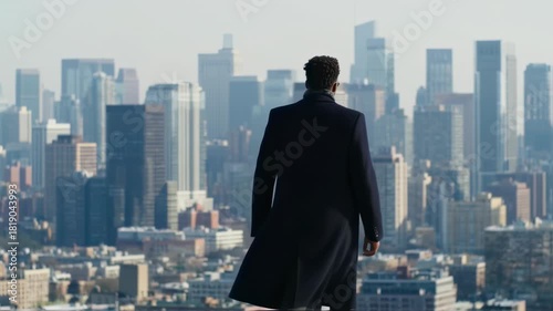 Man in a coat overlooking a city skyline on a sunny day.