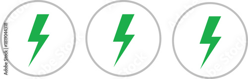 Green energy lightning bolt icon set representing renewable power, electricity symbol, eco energy concept, sustainable technology design, clean power illustration for modern digital graphics