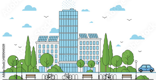 Modern eco friendly city building with rooftop solar panels, green trees, bicycles, clean environment, sustainable urban landscape design promoting renewable energy and environmental awareness