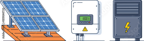 Modern solar energy system illustration with solar panels, inverter, and battery storage unit, showcasing renewable power technology, clean energy equipment, and sustainable electricity solutions