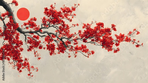 Artistic depiction of blooming red flowers with a red sun impressionistic
