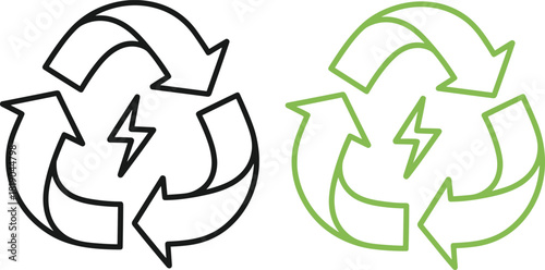 Recycling energy symbol illustration with green and black eco arrows, renewable power icon featuring lightning bolt, sustainability concept for clean energy and environmental conservation design