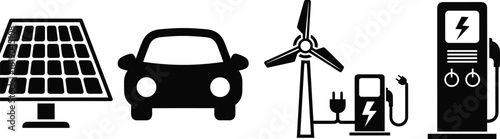 Renewable energy icons, solar panel, electric car, wind turbine, EV charger, sustainable transport, eco power, green technology, clean energy, future mobility, environmental innovation, vector set