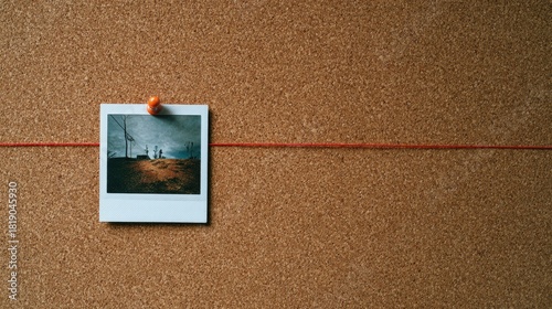Polaroid photo on corkboard strung with red thread; mystery vibe