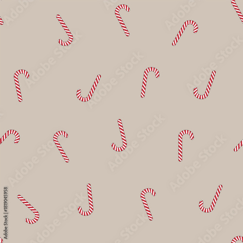 Subtle, rustic vector pattern featuring Christmas candy canes on a beige background, ideal for eco-friendly holiday packaging or natural-themed designs.