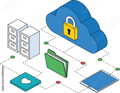 Secure cloud data storage network illustration with locked cloud icon, digital folders, file cabinets, tablets, and protected information workflow connection for cybersecurity and technology concept