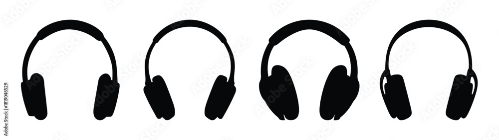 Obraz premium Four black over-ear headphones arranged in a row a simple audio equipment graphic